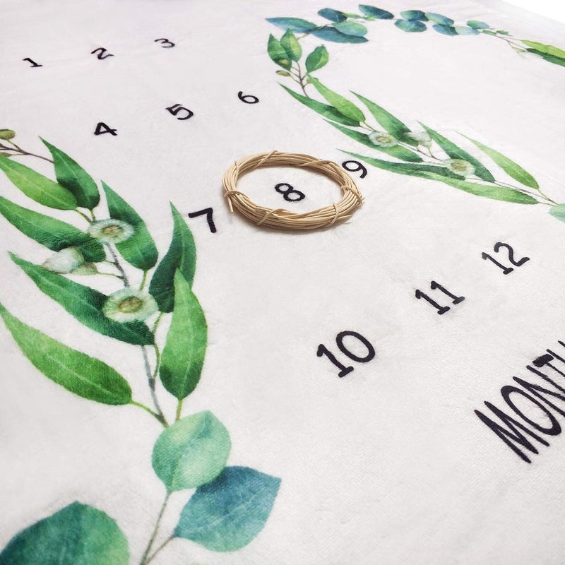Tebaby Baby Monthly Milestone Blanket Twins - Newborn Month Blanket Unisex Neutral Personalized Shower Gift Leaf Nursery Decor Photography Background Prop with Wooden Wreath Large 51''x40'' - Image 4